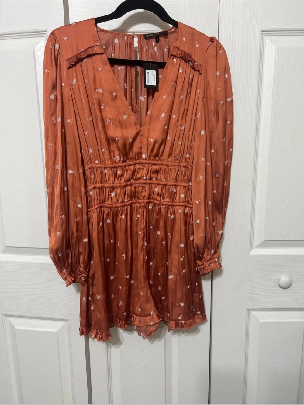 NWT Maje Rust Floral Satin V-Neck Smocked Romper Sz 4 UK T38 so cute! 385$ NWT - Picture 2 of 11